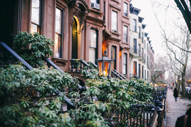 A tree-lined Brooklyn street of brownstones with leafy front gardens
